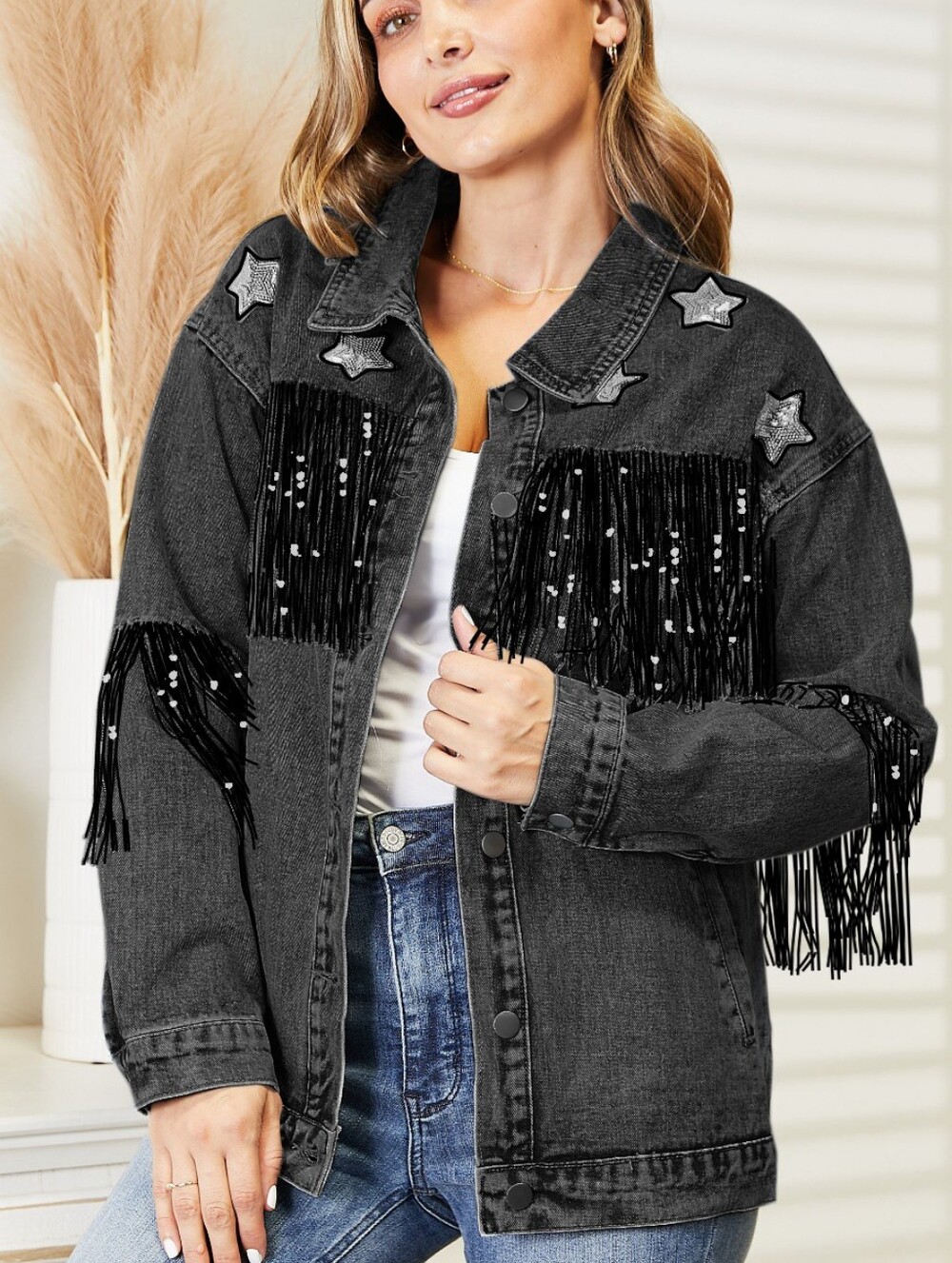 Sparkling Silver Sequin Fringe Denim Jacket - Black